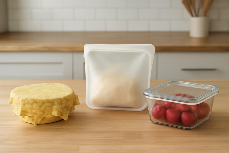 Three types of reusable food storage: beeswax wraps, silicone bag, and glass container on a kitchen counter