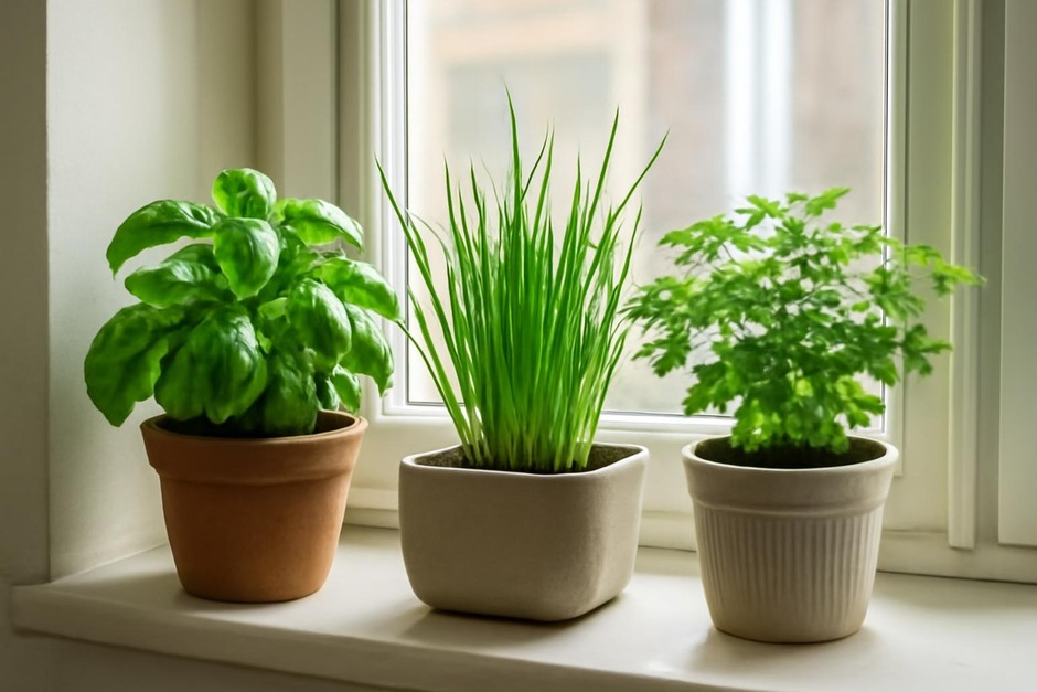 Small windowsill herb garden with basil, chives, and parsley
