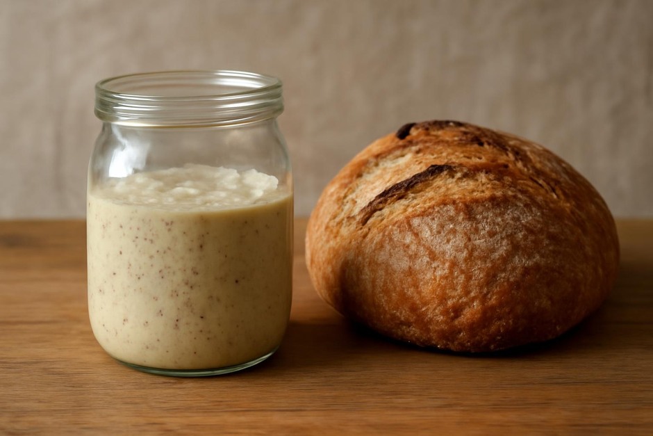 Glass jar with bubbly sourdough starter beside a rustic loaf of bread
