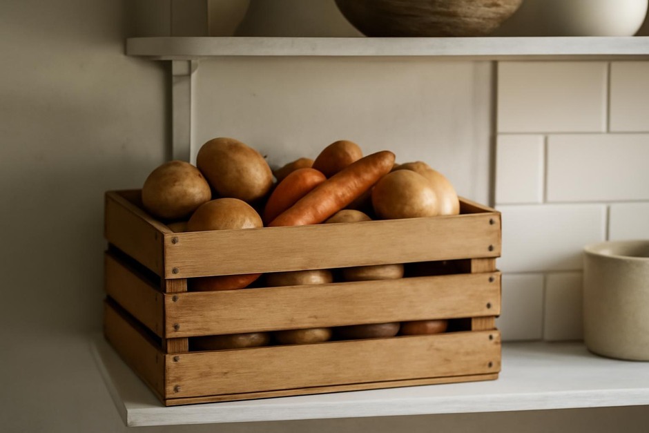 Wooden crate of root vegetables on a cool kitchen shelf