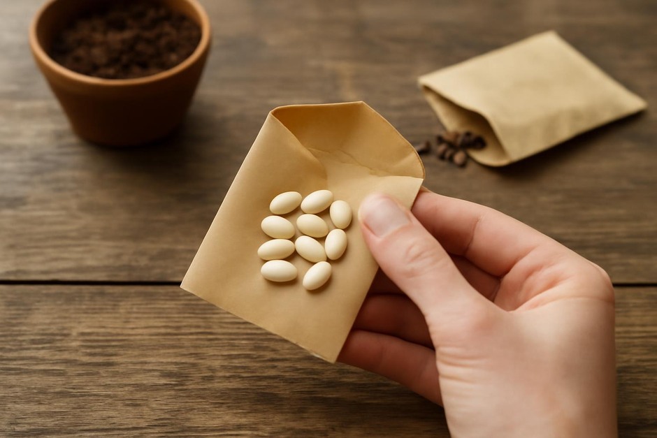 Hand holding a small paper envelope of dried bean seeds over a wooden table