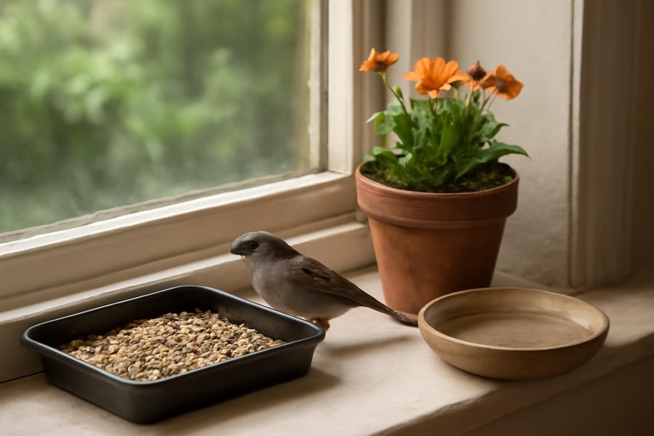 Small windowsill with seed tray, potted flowers and a water dish attracting a sparrow